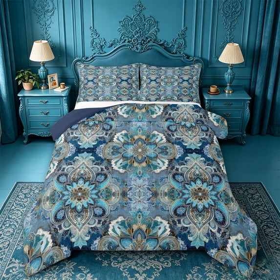 jejeloiu Cool Mandala Queen Comforter Set For Men Women,Blue Floral Comforter Sets Queen,Blue Turquoise,Black Reversible,3-Piece,1 Comforter and 2 Pillowcases