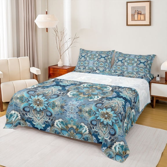jejeloiu Cool Mandala Queen Sheets For Men Women,Blue Floral Queen Sheet Sets,Blue Turquoise,4-Piece,1 Flat Sheet, 1 Fitted Sheet and 2 Pillowcases