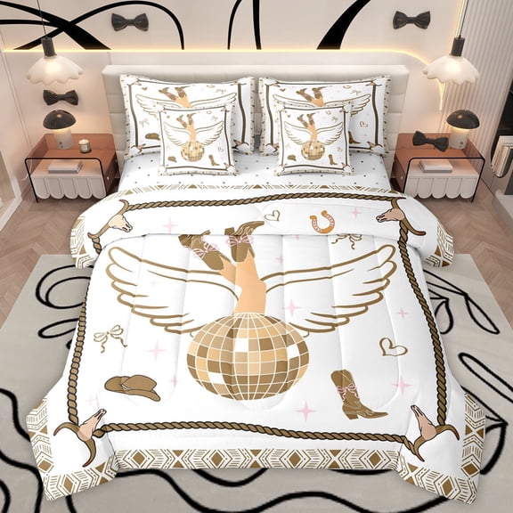 jejeloiu Cool Western Cowgirl 7-Piece Bedding Comforter Set,Bowtie Disco Ball King Bedding Sets,Vintage Bull Skull Bed Sheets For Girls Kids,Luxury Bedroom Decor Reversible