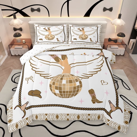jejeloiu Cool Western Cowgirl Queen Comforter Set,Bowtie Disco Ball Bedding Sets,Vintage Bull Skull Bedding Comforter Set For Girls Kids,Luxury Bedroom Decor Reversible,3-Piece