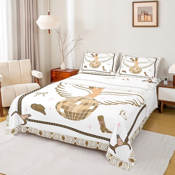 jejeloiu Cool Western Cowgirl Queen Sheet Sets,Bowtie Disco Ball Flat Sheet,Vintage Bull Skull Queen Fitted Sheet For Girls Kids,Luxury Bedroom Decor,4-Piece
