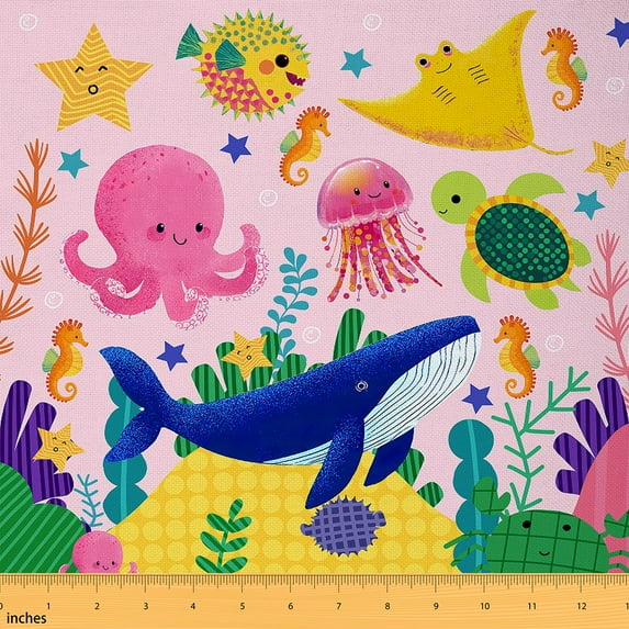 jejeloiu Coral Shark Seahors Fabric by the Yard 5 Yards,Ocean Theme Fabric for Sewing,Cartoon Animal Home Decor Fabric by the Yard For Girls,Ultra Soft Home Decor