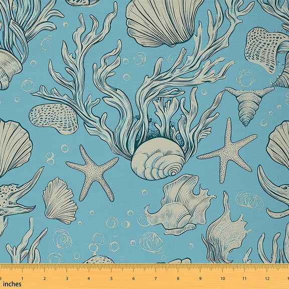 jejeloiu Coral Shell Seahors Fabric by the Yard 3 Yards,Ocean Theme Sewing Fabric,Cartoon Animal Fabric for Sewing For Girls,Ultra Soft Home Decor