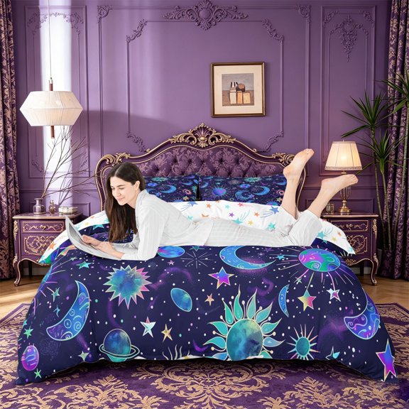 jejeloiu Cosmic Celestial Duvet Cover Queen For Men Women,Whimsical Star Print Queen Bedding,Teal Purple Black,Colorful Stars Reversible,3 Pieces,1 Duvet Cover and 2 Pillowcases