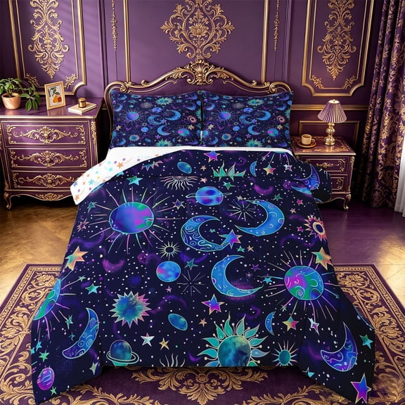 jejeloiu Cosmic Celestial King Size Comforter Sets For Men Women,Whimsical Star Print Comforters King Size,Teal Purple Black,Colorful Stars Reversible,3pcs,1 Comforter and 2 Pillowcases