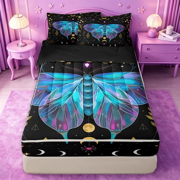 jejeloiu Cosmic Moth Zipper Twin Comforter Sets with Fitted Sheet and 2 Pillowcases For Girls,Celestial Print Zipper Bedding Set,Black Blue Purple,Black Reversible,4-Piece