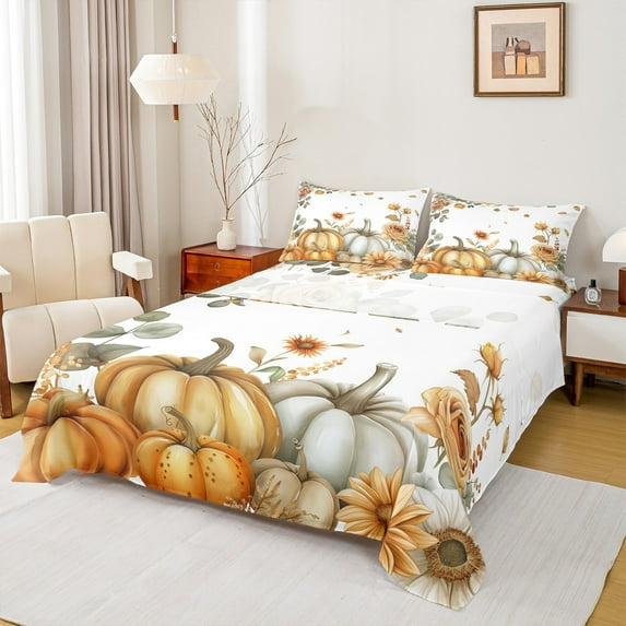 jejeloiu Country Autumn Pumpkin Full Size Sheets,Hello Fall Bed Sheets,Rustic Farmhouse Cabin Sheet Sets For Men Women,Luxury Bedroom Decor,4 Pieces