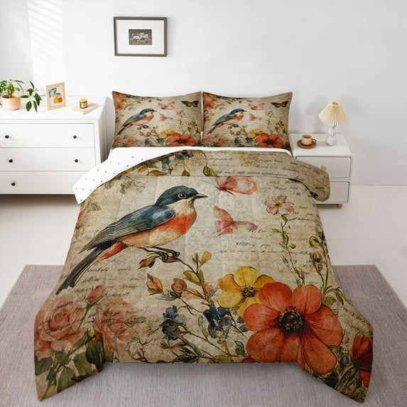 jejeloiu Country Bird Flower Bedding Comforter Set,Rustic Farmhouse Twin Comforter Sets,Orange Beige Bedding Set For Child,Luxury Bedroom Decor Reversible,2-Piece