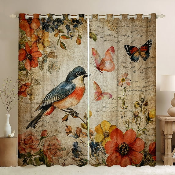 jejeloiu Country Bird Flower Black Out Curtains,Rustic Farmhouse Curtains Pack of 2 (42x63 Each),Orange Beige Bedroom Curtains For Child,Luxury Bedroom Decor
