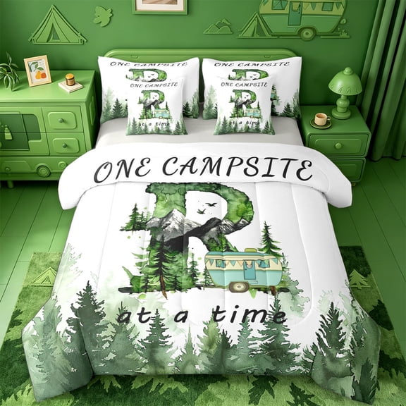 jejeloiu Country Camping Theme Initial R 7pcs Bedding Comforter Set,Rustic Camper Adventure Queen Bedding Sets For Boys Men,Light Gray Reversible