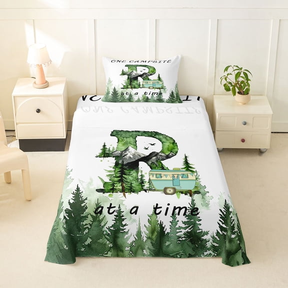 jejeloiu Country Camping Theme Initial R Twin Sheet Sets,Rustic Camper Adventure Bedding For Boys Men,3 Pieces