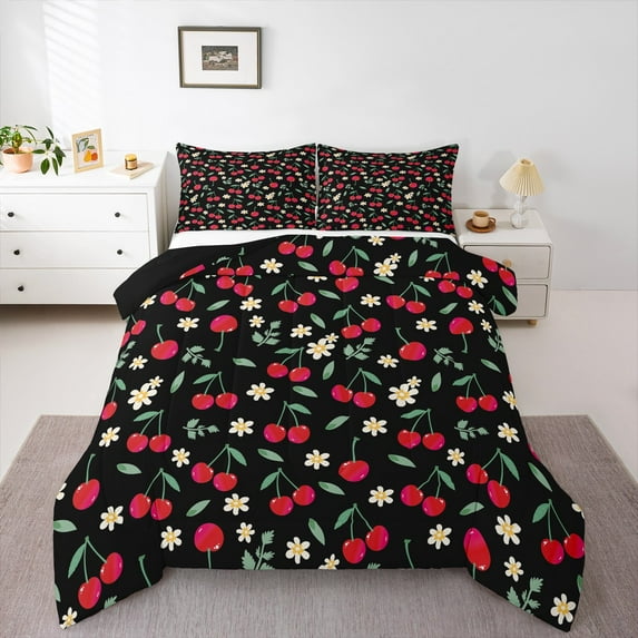 jejeloiu Country Daisy Cherry Queen Comforter Set,California Cherries Bedding Sets,Red Green Black Bedding Comforter Set For Teens,Luxury Bedroom Decor Reversible,3 Pieces