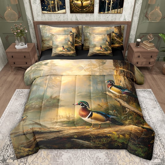 jejeloiu Country Farm Mallard 7 Pieces Bedding Comforter Set,Rustic Farmhouse Cabin Full Bedding Set For Boys Teens Reversible