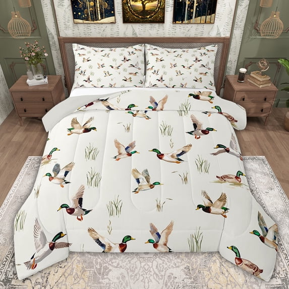 jejeloiu Country Farm Mallard Queen Comforter Set,White Green Gray Bedding Comforter Set For Boys Teens Reversible 3 Pieces