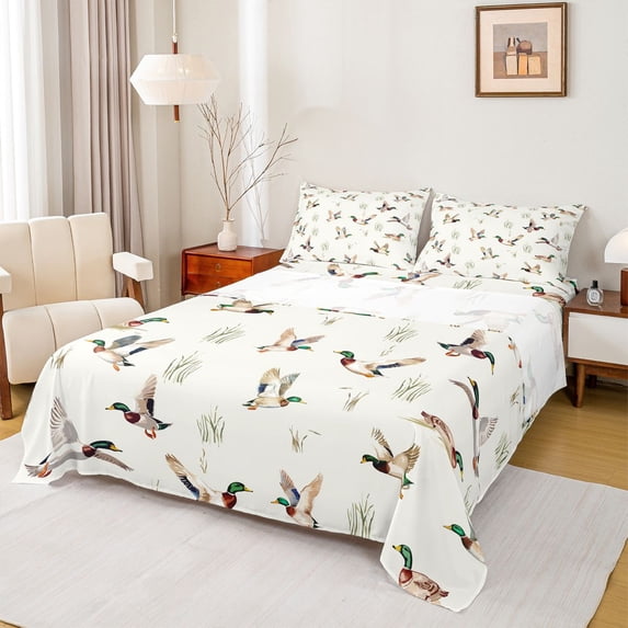 jejeloiu Country Farm Mallard Queen Sheet Sets,White Green Gray Bed Set For Boys Teens 4 Pieces