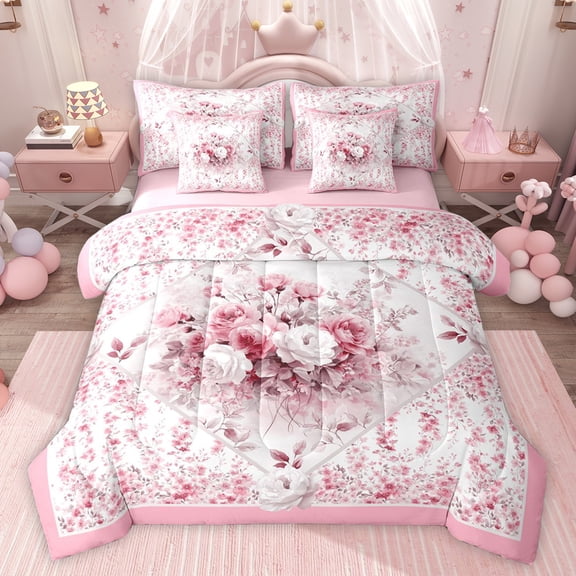 jejeloiu Country Floral 7-Piece Bedding Comforter Set,Rustic Botanical King Bedding Sets,White Pink Bed Sheets For Girls,Microfiber Bedroom Decor Reversible