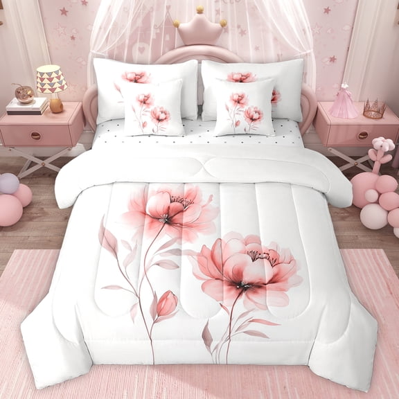 jejeloiu Country Floral 7-Piece Twin Bedding Sets,Rustic Plant Bedding Comforter Set,Pink White Sheet Sets For Girls Teens,Luxury Bedroom Decor Reversible