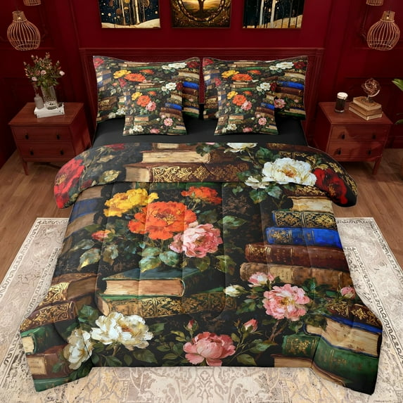 jejeloiu Country Floral 7-Piece Twin Bedding Sets,Vintage Books Bedding Comforter Set,Oil Paint Aesthetic Sheet Sets For Girls,Microfiber Bedroom Decor Reversible
