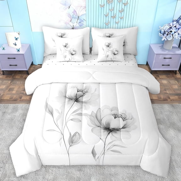 jejeloiu Country Floral 7 Pieces Bedding Comforter Set,Rustic Plant Full Bedding Set,Gray White Fitted Sheet Flat Sheet For Girls Teens,Luxury Bedroom Decor Reversible