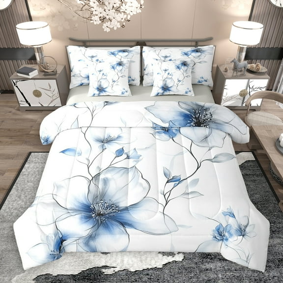 jejeloiu Country Floral 7pcs Bedding Comforter Set,Natural Plant Queen Bedding Sets,White Blue Queen Sheet Sets For Adults,Luxury Bedroom Decor Reversible