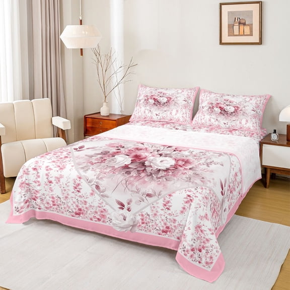 jejeloiu Country Floral Bed Sheets,Rustic Botanical King Sheets,White Pink Sheet Set For Girls,Microfiber Bedroom Decor,4-Piece