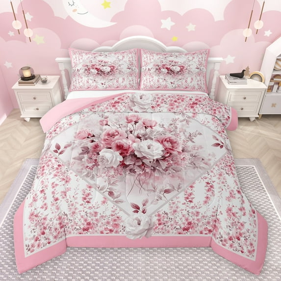 jejeloiu Country Floral Bedding Comforter Set,Rustic Botanical Twin Comforter Sets,White Pink Bedding Set For Girls,Microfiber Bedroom Decor Reversible,2-Piece