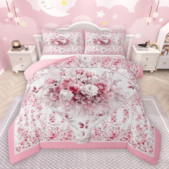 jejeloiu Country Floral Bedding Comforter Set,Rustic Botanical Twin Comforter Sets,White Pink Bedding Set For Girls,Microfiber Bedroom Decor Reversible,2-Piece