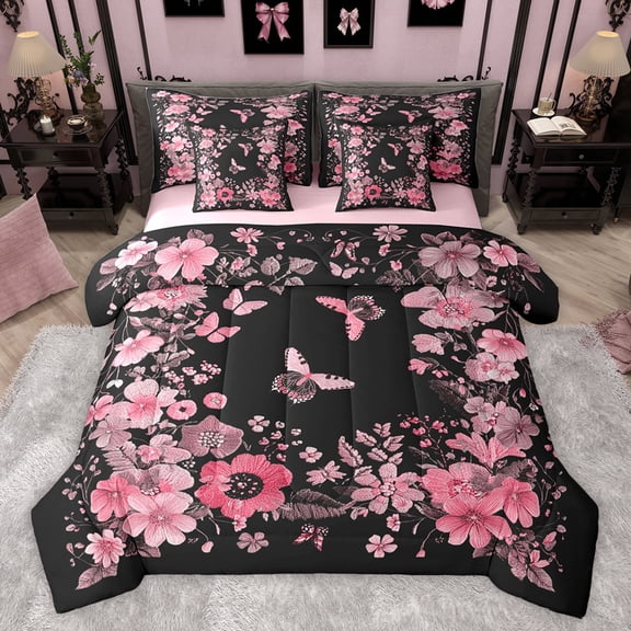 jejeloiu Country Floral Blossom 7-Piece Twin Bedding Sets,Boho Exotic Style Moth Bedding Comforter Set,Pink Cherry Floral Sheet Sets For Girls,Microfiber Bedroom Decor Reversible
