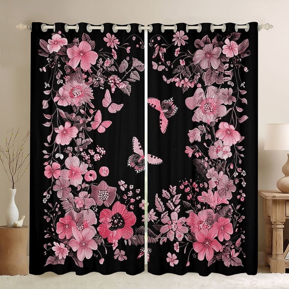 jejeloiu Country Floral Blossom Blackout Curtains Set of 2 (52x84 Each),Boho Exotic Style Moth Window Curtains,Pink Cherry Floral Curtains and Drapes For Girls,Microfiber Bedroom Decor