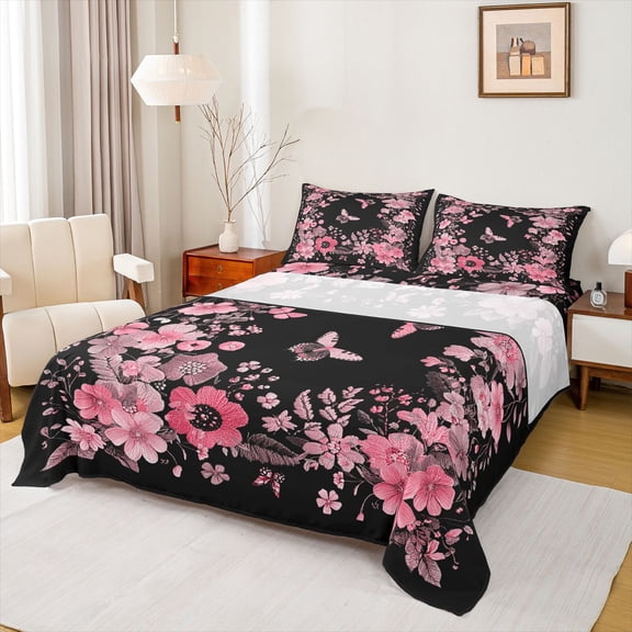 jejeloiu Country Floral Blossom Twin Sheet Set (3-Piece) Boho Moth Pink Cherry Microfiber Decor For Girls