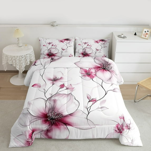 jejeloiu Country Floral Full Size Comforter Sets,Natural Plant Bedding Comforter Set,White Pink Bedding Sets For Adults,Luxury Bedroom Decor Reversible,3pcs