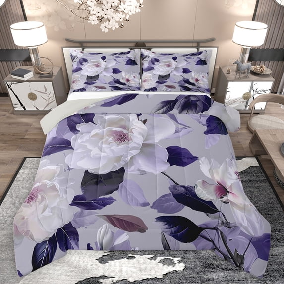 jejeloiu Country Floral Full Size Comforter Sets,Rustic Botanical Leaf Bedding Comforter Set,Purple White Bedding Sets For Girls,Microfiber Bedroom Decor Reversible,3 Pieces