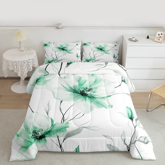 jejeloiu Country Floral Queen Comforter Set,Natural Plant Bedding Sets,White Green Bedding Comforter Set For Adults,Luxury Bedroom Decor Reversible,3pcs