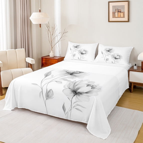 jejeloiu Country Floral Twin Sheet Sets,Rustic Plant Twin Fitted Sheet,Gray White Flat Sheet For Girls Teens,Luxury Bedroom Decor,3-Piece
