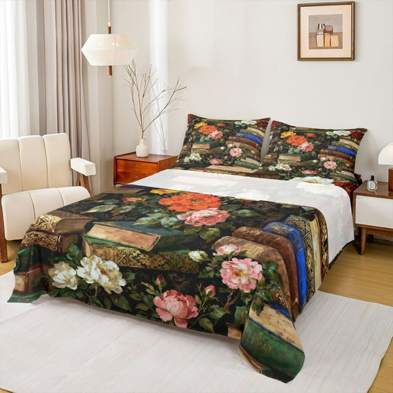 jejeloiu Country Floral Twin Sheet Sets,Vintage Books Twin Fitted Sheet,Oil Paint Aesthetic Flat Sheet For Girls,Microfiber Bedroom Decor,3pcs