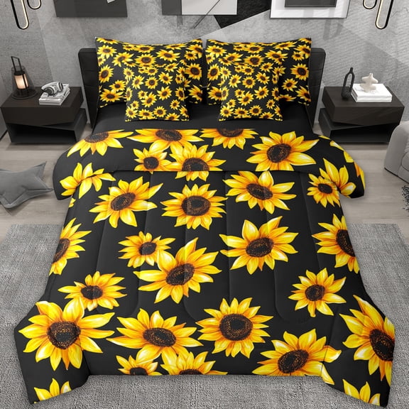 jejeloiu Country Flower Sunflower 7 Pieces Bedding Comforter Set,Rustic Plant Full Bedding Set,Black Yellow Fitted Sheet Flat Sheet For Adults,Microfiber Bedroom Decor Reversible