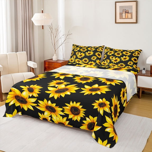 jejeloiu Country Flower Sunflower Bed Sheets,Rustic Plant King Sheets,Black Yellow Sheet Set For Adults,Microfiber Bedroom Decor,4-Piece