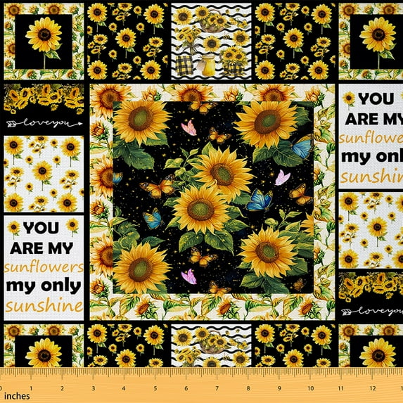 jejeloiu Country Flower Sunflower Fabric by the Yard 3 Yards,Patchwork Geometric Grid Sewing Fabric,Rustic Butterfly Fabric for Sewing For Men Women,Super Cozy Room Decor