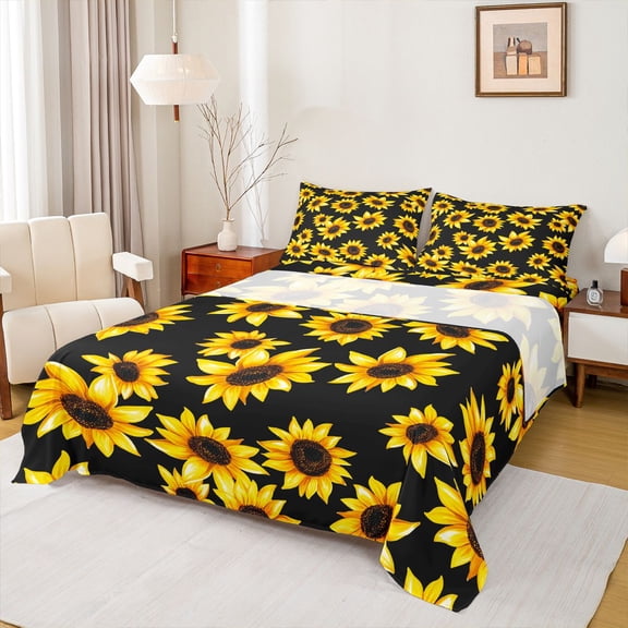 jejeloiu Country Flower Sunflower Twin Sheet Sets,Rustic Plant Twin Fitted Sheet,Black Yellow Flat Sheet For Adults,Microfiber Bedroom Decor,3-Piece