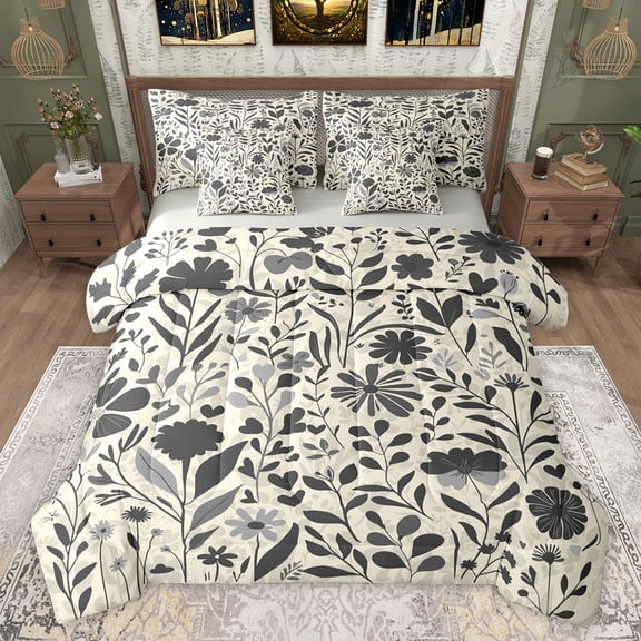 jejeloiu Country Flowers 7-Piece Twin Bedding Sets,Botanical Plants Theme Bedding Comforter Set,Black Beige Sheet Sets For Girls,Ultra Soft Home Decor Reversible