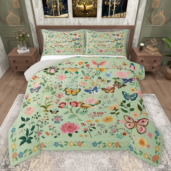 jejeloiu Country Flowers Butterfly Full Size Comforter Sets,Botanical Plants Theme Bedding Comforter Set,Kawaii Floral Bedding Sets For Girls,Ultra Soft Home Decor Reversible,3pcs