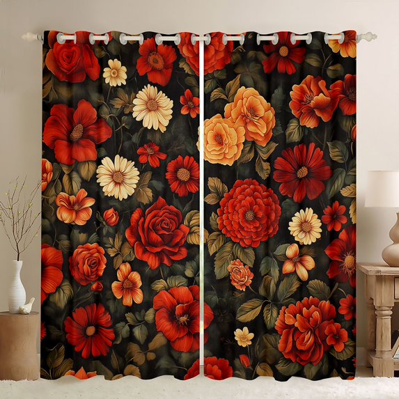 jejeloiu Country Flowers Curtains Pack of 2 (42x84 Each),Botanical Plants Theme Curtains Blackout,Red Green Bedroom Curtains For Girls,Ultra Soft Home Decor