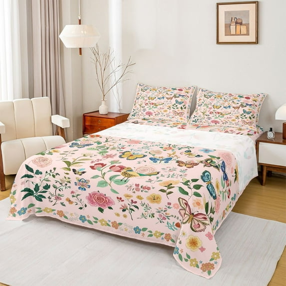 jejeloiu Country Flowers Full Size Sheets,Botanical Plants Theme Bed Sheets,Colorful Bohemian Butterfly Sheet Sets For Girls,Ultra Soft Home Decor,4-Piece