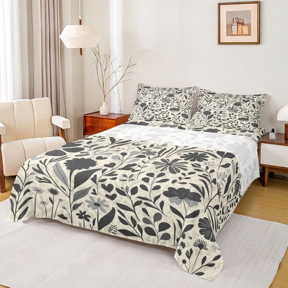 jejeloiu Country Flowers Twin Sheet Sets,Botanical Plants Theme Twin Fitted Sheet,Black Beige Flat Sheet For Girls,Ultra Soft Home Decor,3-Piece