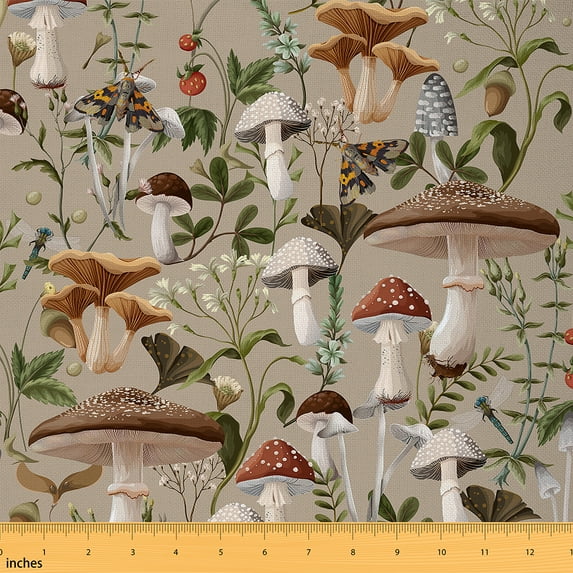 jejeloiu Country Mushroom Fabric by the Yard 1 Yard,Gothic Moth Home Decor Fabric by the Yard,Green Leaves Sewing Fabric For Girl Child,Microfiber Bedroom Decor