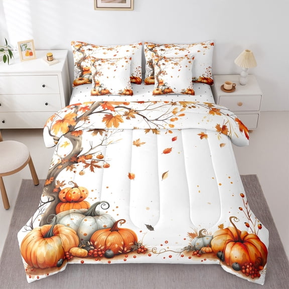 jejeloiu Country Pumpkin 7-Piece Twin Bedding Sets,Autumn Maple Bedding Comforter Set,Hello Fall Sheet Sets For Adult,Super Cozy Room Decor Reversible