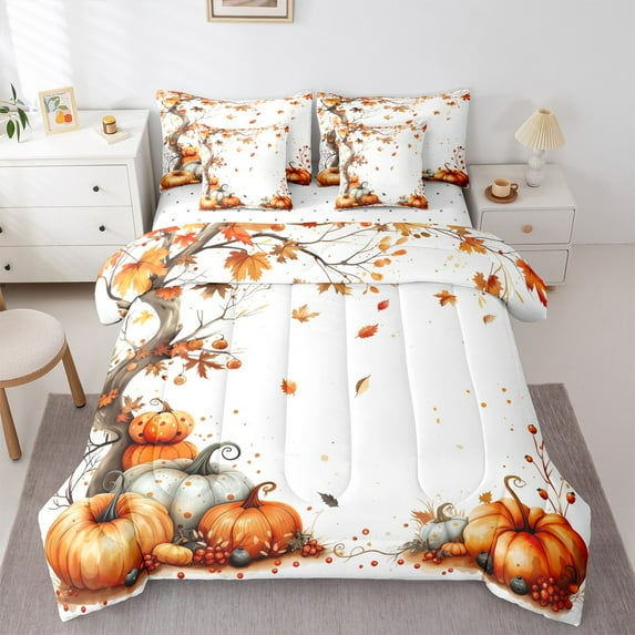 jejeloiu Country Pumpkin 7-Piece Twin Bedding Sets,Autumn Maple Bedding Comforter Set,Hello Fall Sheet Sets For Adult,Super Cozy Room Decor Reversible