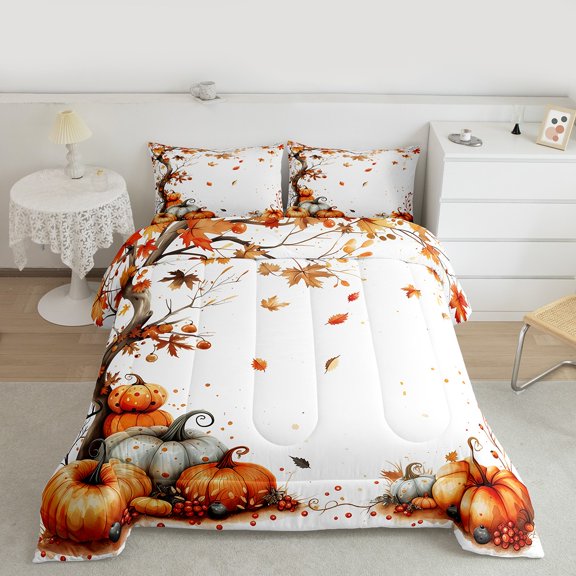 jejeloiu Country Pumpkin Bedding Comforter Set,Autumn Maple Twin Comforter Sets,Hello Fall Bedding Set For Adult,Super Cozy Room Decor Reversible,2 Pieces