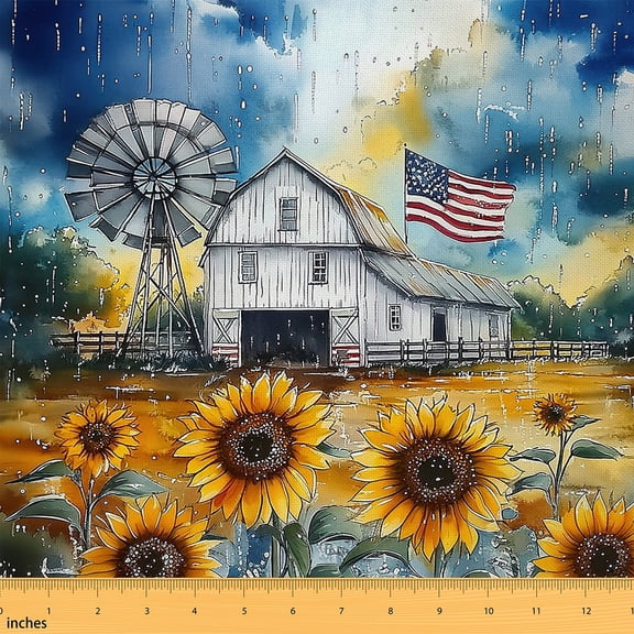 jejeloiu Country Windmill Sunflower Fabric by the Yard 1 Yard,Old Barn Door Home Decor Fabric by the Yard,American Flag Sewing Fabric For Teens,Luxury Bedroom Decor