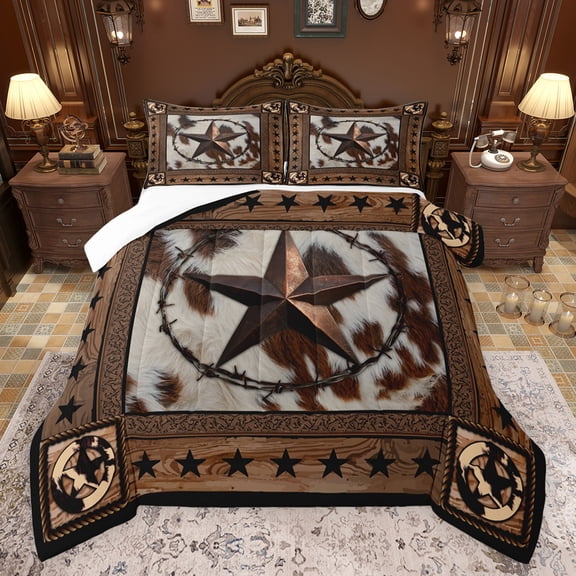 jejeloiu Cow Cattle Hide Full Size Comforter Sets,Rustic Texas Stars Bedding Comforter Set,Country Farmhouse Lodge Bedding Sets For Boys Kids,Microfiber Bedroom Decor,3pcs